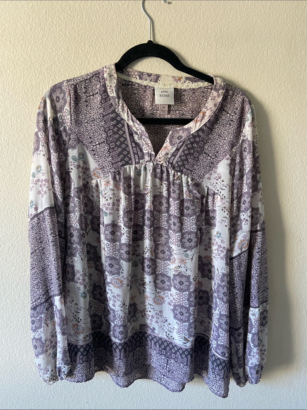 Knox Rose Lavender Patchwork Print Peasant Tunic